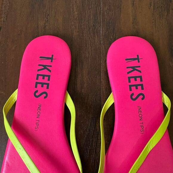 TKEES Neon Tips Flip Flop Sandals Pink Blue Leather Thong - Picture 7 of 9